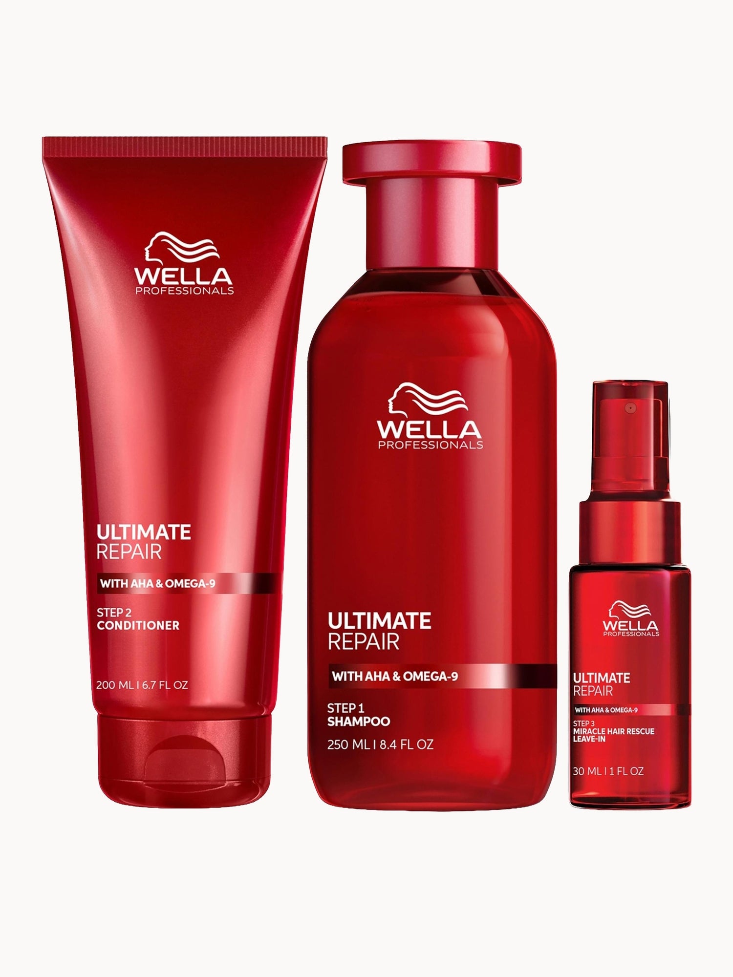 Wella Professionals Ultimate Repair Miracle Hair Rescue Spray 30ml, Shampoo 250ml and Conditioner 200ml — embalagem e produto